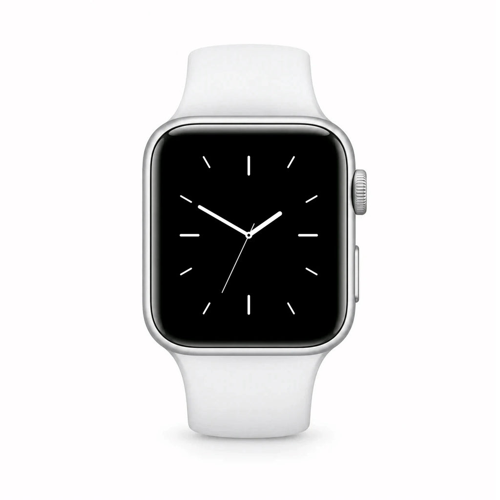 Reloj inteligente RelojClaro blanco con caja plateada, vista frontal