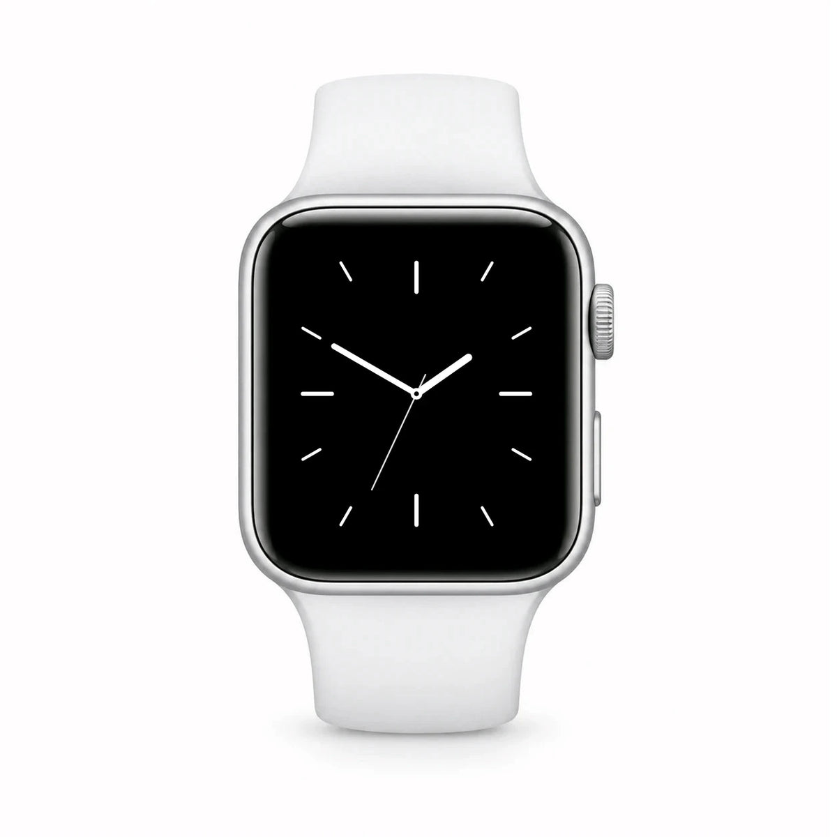 Reloj inteligente RelojClaro blanco con caja plateada, vista frontal