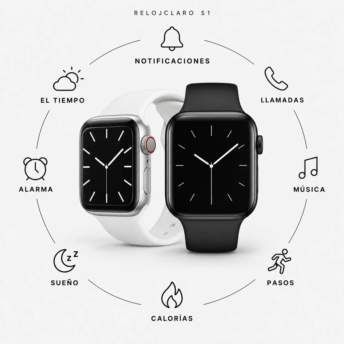 Funciones del reloj inteligente RelojClaro S1: notificaciones, llamadas, música, pasos, calorías, sueño, alarma y el tiempo