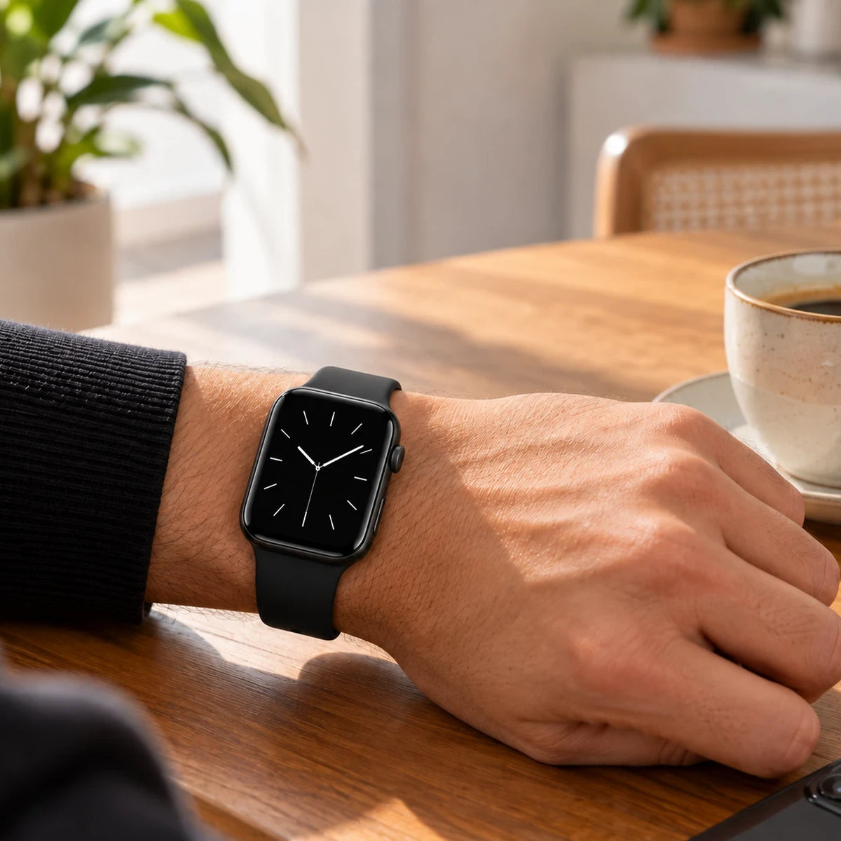 Reloj inteligente RelojClaro negro en la muñeca junto a un café